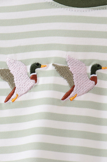 Green Duck Embroidered Stripe Romper