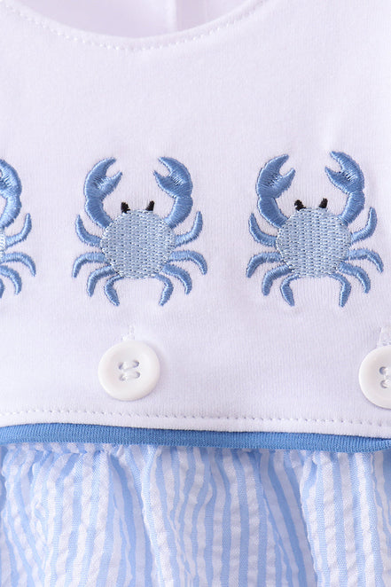 Blue Crab Embroidered Seersucker Bubble