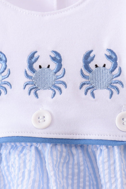 Blue Crab Embroidered Seersucker Bubble