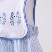 Blue Crab Embroidered Seersucker Bubble