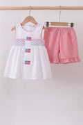 Pink flag smocked ruffle shorts set - Little Janey Shop