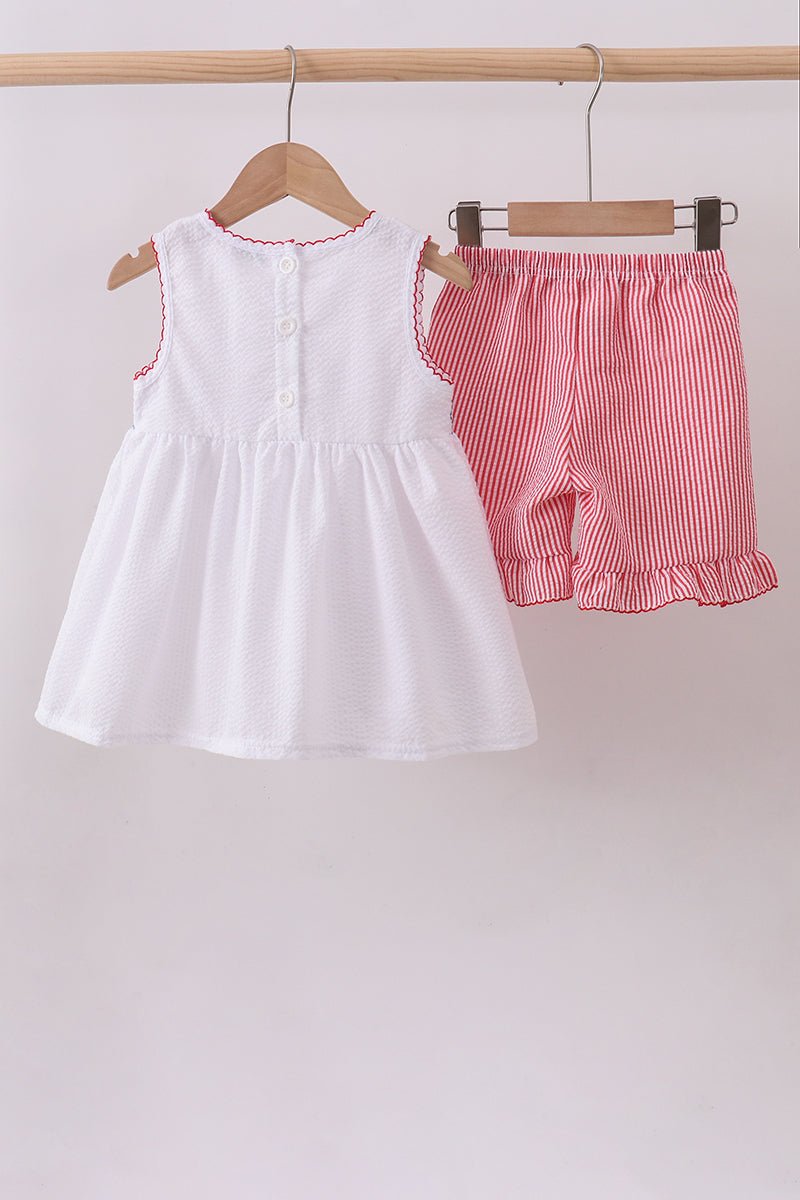 Pink flag smocked ruffle shorts set - Little Janey Shop