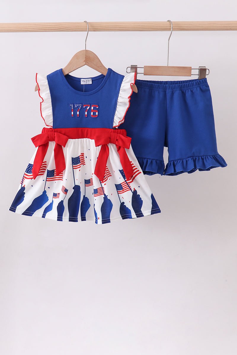 Blue 1776 Flag Embroidery Ruffle Shorts Set — Girls' Patriotic Summer Outfit - Little Janey Shop