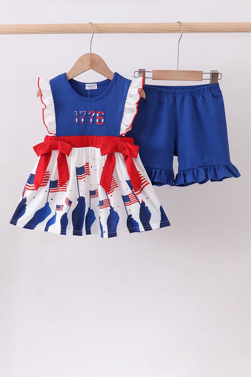 Blue 1776 Flag Embroidery Ruffle Shorts Set — Girls' Patriotic Summer Outfit - Little Janey Shop