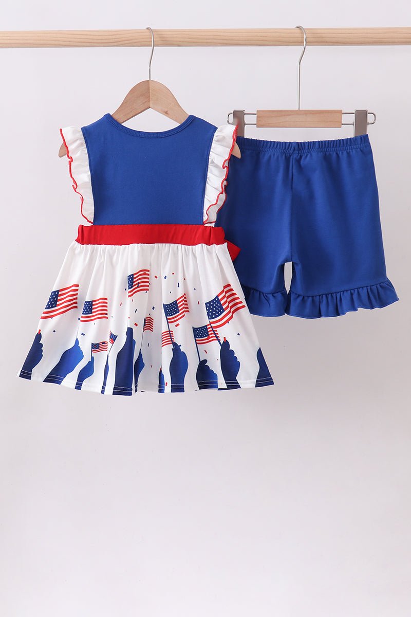 Blue 1776 Flag Embroidery Ruffle Shorts Set — Girls' Patriotic Summer Outfit - Little Janey Shop