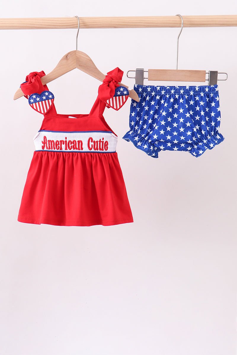 Baby & Toddler Girls' "American Cutie" Smocked 2 - Piece Set – Heart Detail, Shoulder Ties & Star Print Blue Bloomers | 6M–3Y - Little Janey Shop