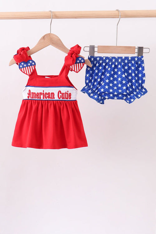Baby & Toddler Girls' "American Cutie" Smocked 2 - Piece Set – Heart Detail, Shoulder Ties & Star Print Blue Bloomers | 6M–3Y - Little Janey Shop