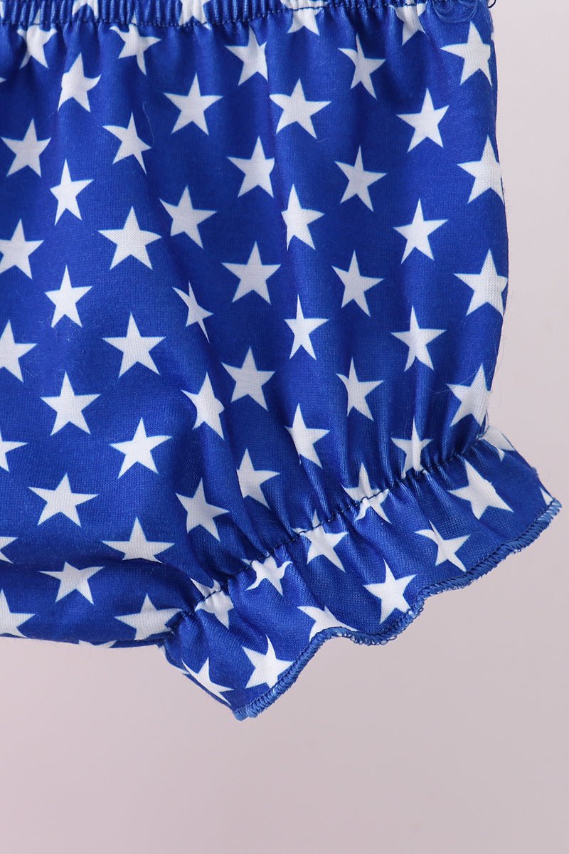 Baby & Toddler Girls' "American Cutie" Smocked 2 - Piece Set – Heart Detail, Shoulder Ties & Star Print Blue Bloomers | 6M–3Y - Little Janey Shop