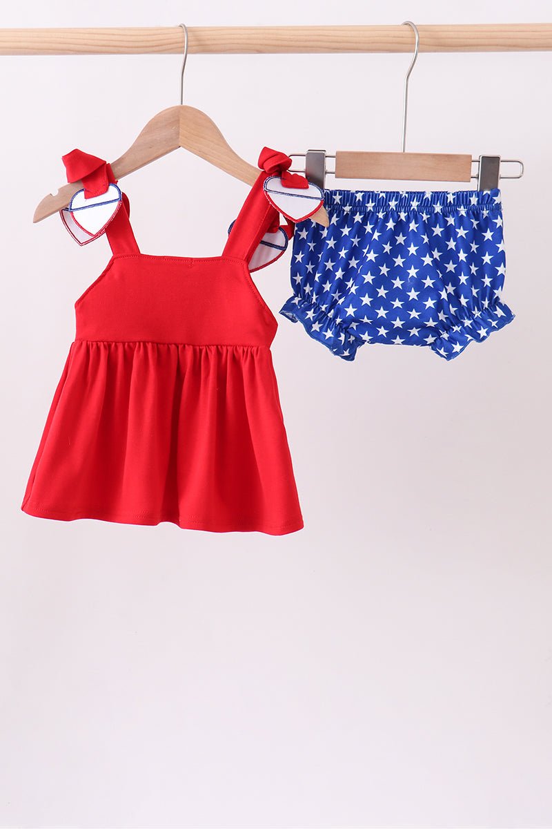 Baby & Toddler Girls' "American Cutie" Smocked 2 - Piece Set – Heart Detail, Shoulder Ties & Star Print Blue Bloomers | 6M–3Y - Little Janey Shop