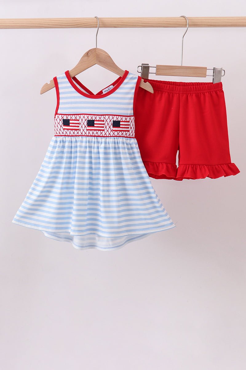 Girls' Red Patriotic Smocked 2 - Piece Set – American Flag Cross - Stitch Top & Blue Stripe Ruffle Bloomers | 18M–10Y - Little Janey Shop