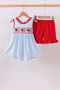 Girls' Red Patriotic Smocked 2 - Piece Set – American Flag Cross - Stitch Top & Blue Stripe Ruffle Bloomers | 18M–10Y - Little Janey Shop
