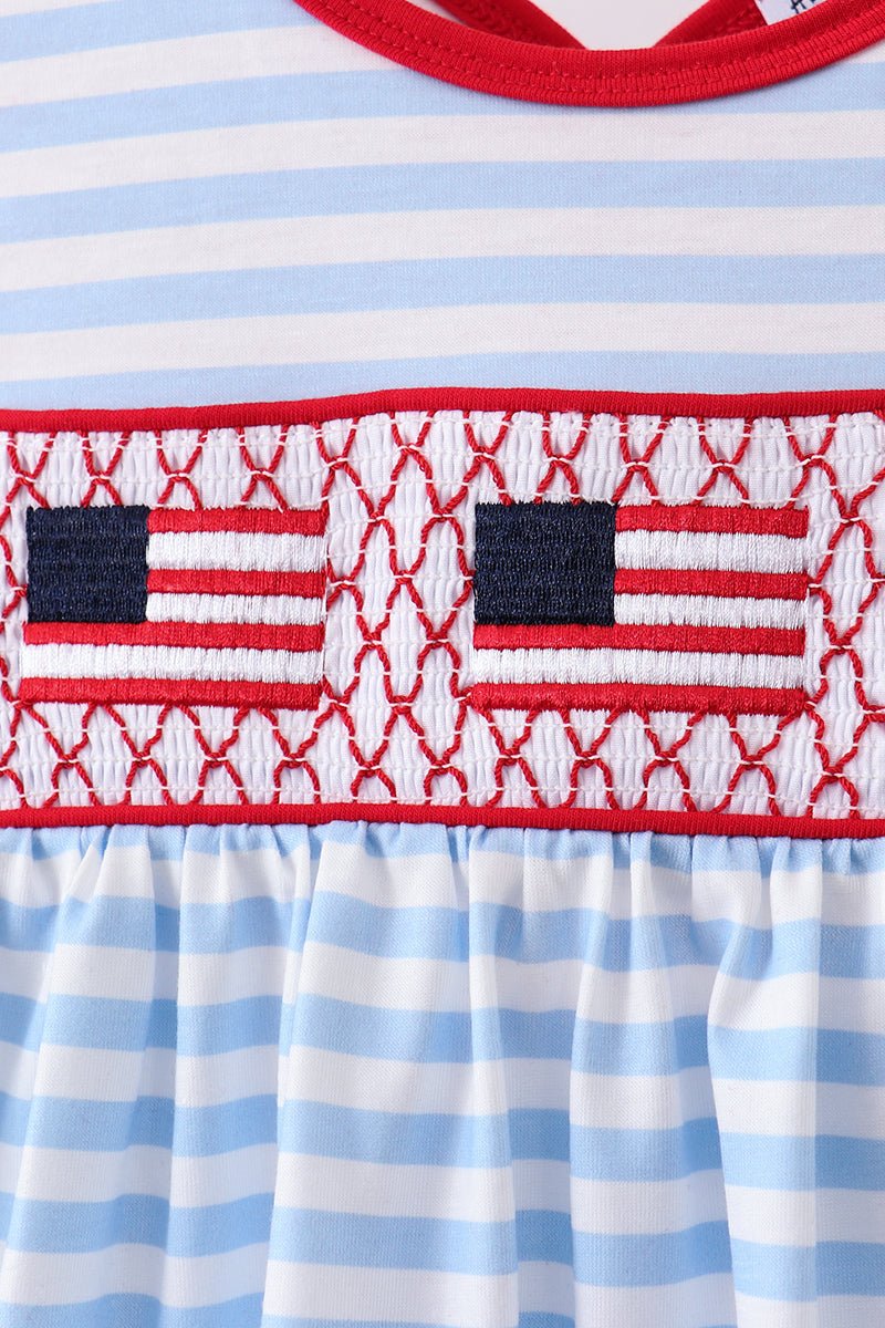 Girls' Red Patriotic Smocked 2 - Piece Set – American Flag Cross - Stitch Top & Blue Stripe Ruffle Bloomers | 18M–10Y - Little Janey Shop