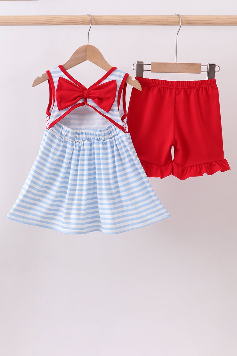 Girls' Red Patriotic Smocked 2 - Piece Set – American Flag Cross - Stitch Top & Blue Stripe Ruffle Bloomers | 18M–10Y - Little Janey Shop