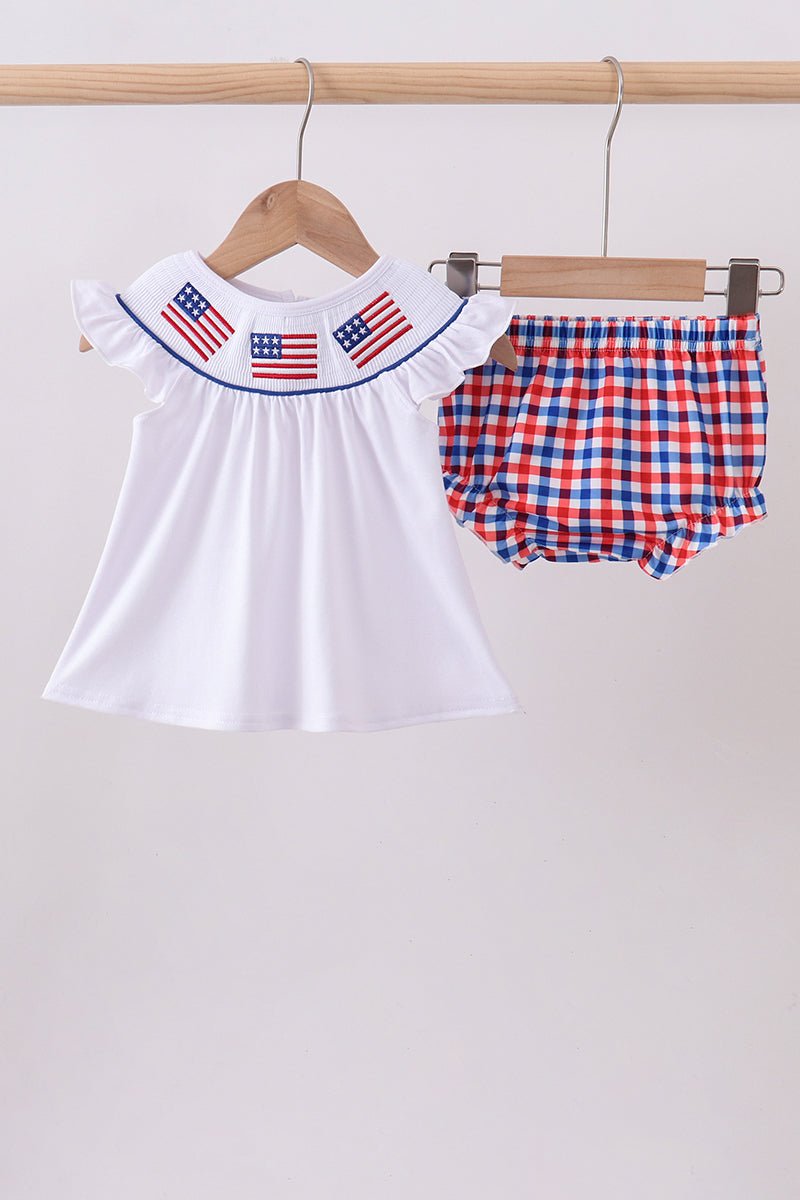 Baby & Toddler Girls' White Gingham Smocked 2 - Piece Set – American Flag Detail & Ruffle Bloomers | 6M–3Y - Little Janey Shop