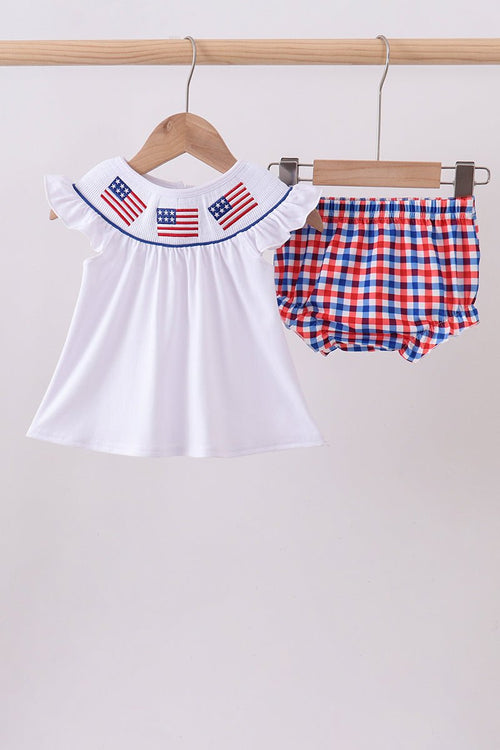 Baby & Toddler Girls' White Gingham Smocked 2 - Piece Set – American Flag Detail & Ruffle Bloomers | 6M–3Y - Little Janey Shop