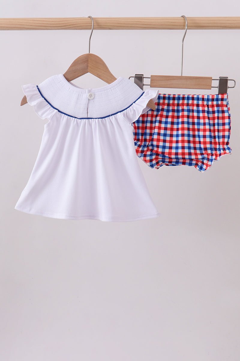 Baby & Toddler Girls' White Gingham Smocked 2 - Piece Set – American Flag Detail & Ruffle Bloomers | 6M–3Y - Little Janey Shop
