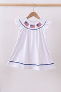 Girls' White Smocked American Flag Ruffle Dress – Cotton - Spandex Blend | Toddler & Kids - Little Janey Shop