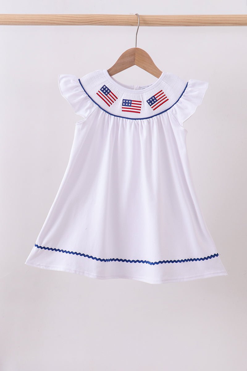 Girls' White Smocked American Flag Ruffle Dress – Cotton - Spandex Blend | Toddler & Kids - Little Janey Shop