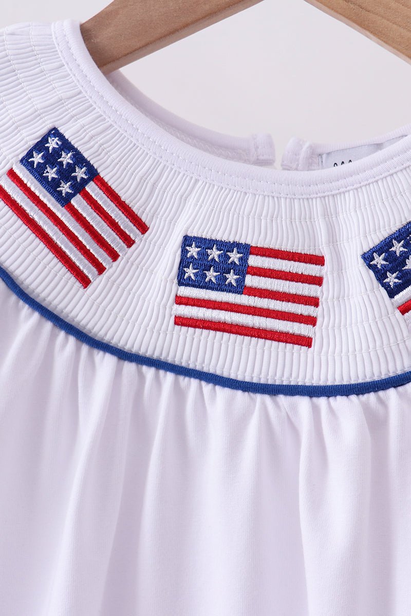 Girls' White Smocked American Flag Ruffle Dress – Cotton - Spandex Blend | Toddler & Kids - Little Janey Shop
