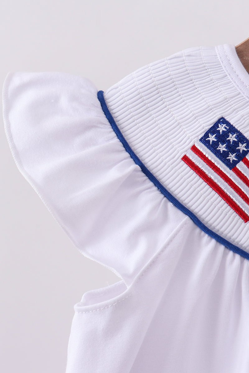 Girls' White Smocked American Flag Ruffle Dress – Cotton - Spandex Blend | Toddler & Kids - Little Janey Shop