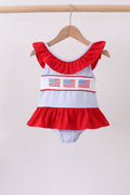 Girls' Blue Seersucker Flag Smocked Ruffle Swimsuit – Patriotic | 2Y–6Y - Little Janey Shop