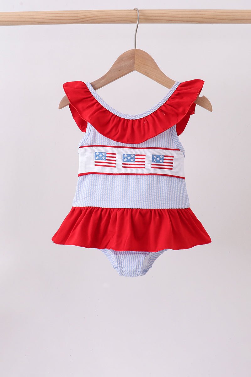 Girls' Blue Seersucker Flag Smocked Ruffle Swimsuit – Patriotic | 2Y–6Y - Little Janey Shop