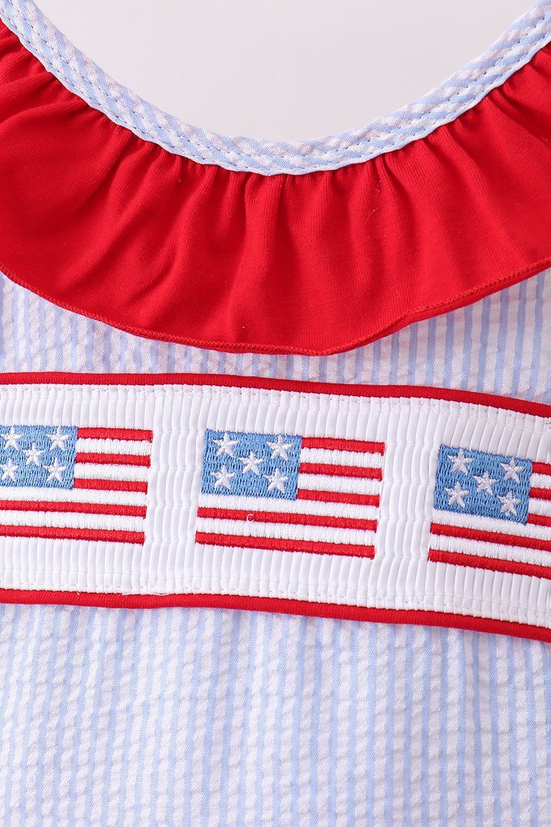 Girls' Blue Seersucker Flag Smocked Ruffle Swimsuit – Patriotic | 2Y–6Y - Little Janey Shop