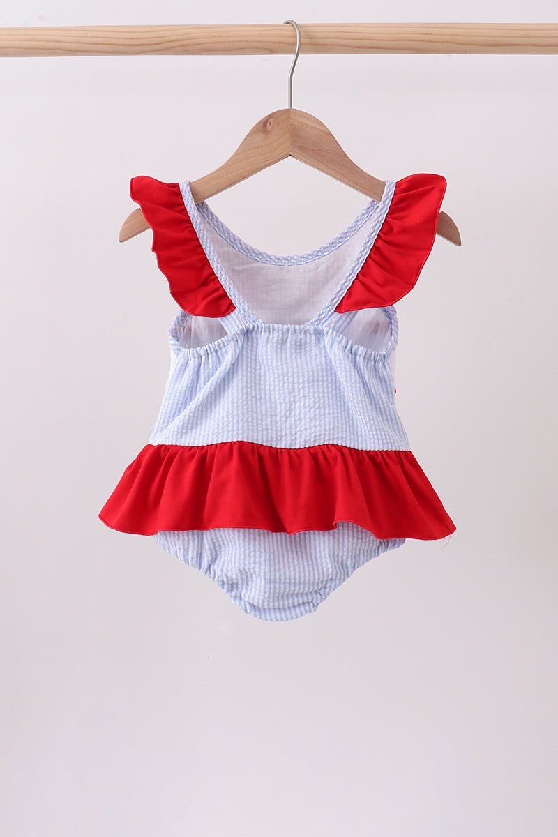 Girls' Blue Seersucker Flag Smocked Ruffle Swimsuit – Patriotic | 2Y–6Y - Little Janey Shop