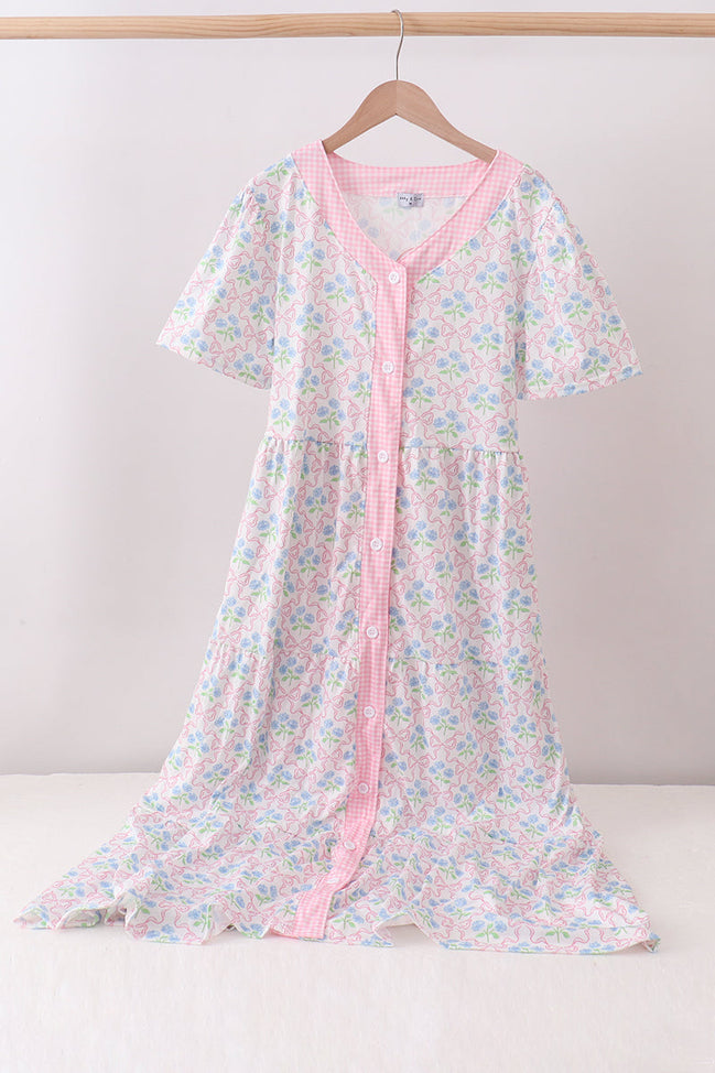 Pink hydrangea bow print tiered dress