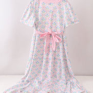 Pink hydrangea bow print tiered dress