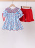 Blue bow smocked ruffle shorts set