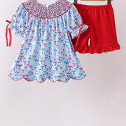 Blue bow smocked ruffle shorts set