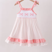 Pink bow smocked dot ruffle dress