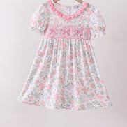 Pink floral bow smocked ruffle dress