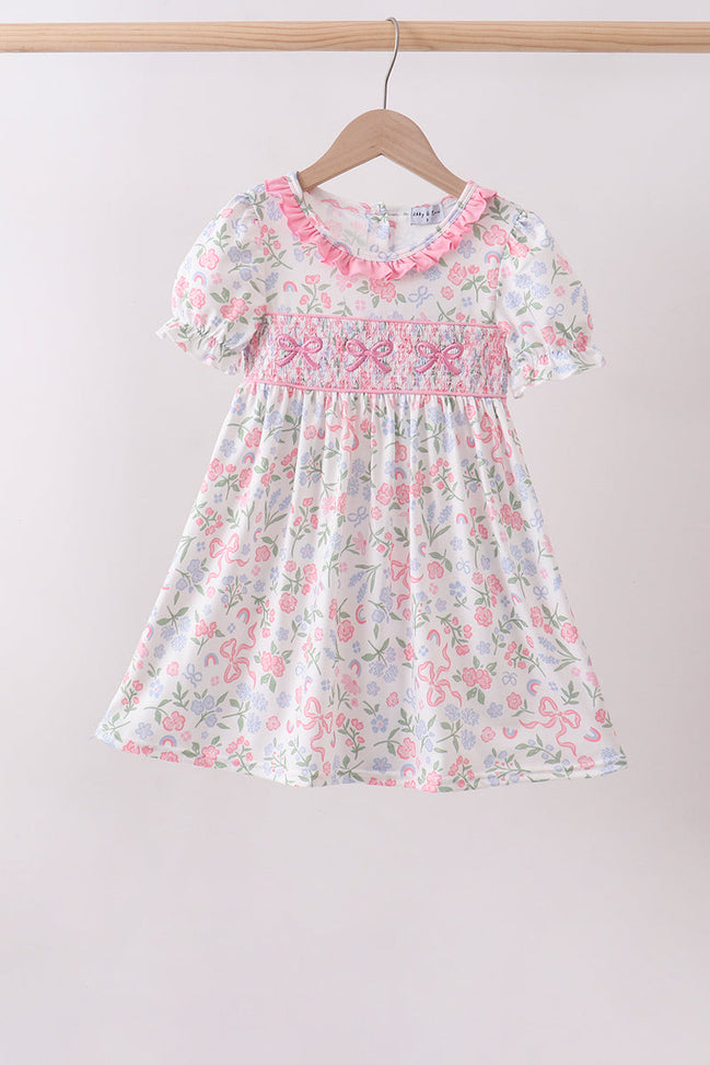 Pink floral bow smocked ruffle dress
