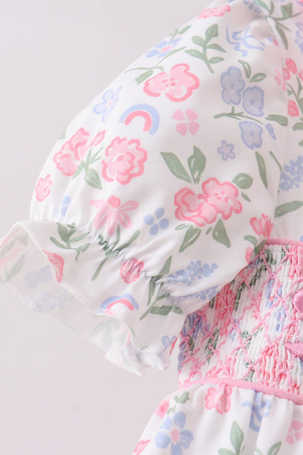 Pink floral bow smocked ruffle dress