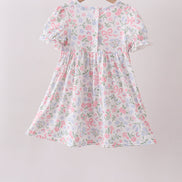 Pink floral bow smocked ruffle dress