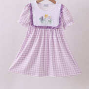 Purple floral embroidery gingham ruffle dress