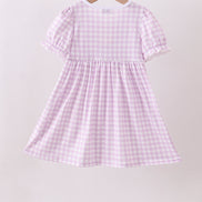 Purple floral embroidery gingham ruffle dress