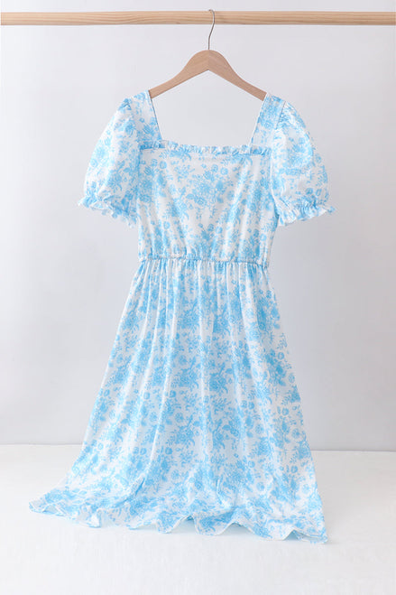 Blue rose print women dress