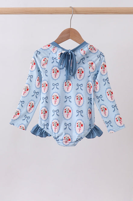 Blue strawberry bow ruffle rashguard