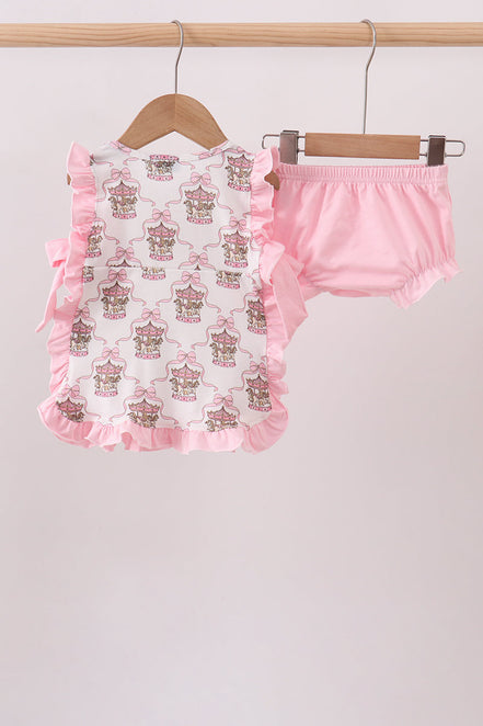 Pink carousel print ruffle bloomer set