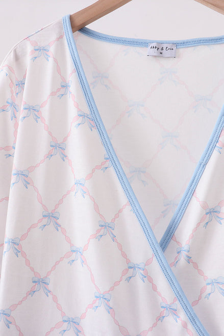 Blue bow ribbon print dress