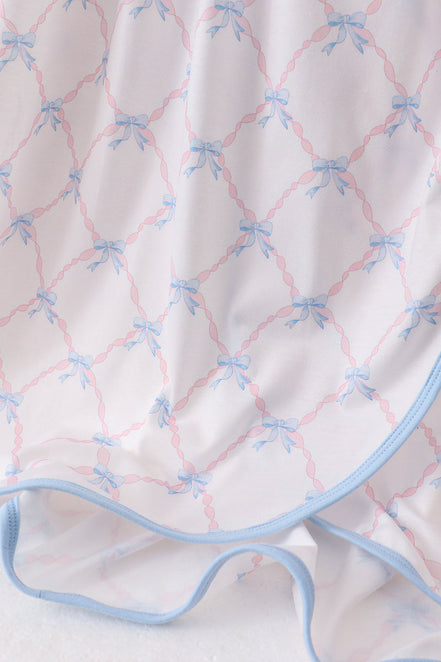 Blue bow ribbon print dress