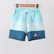 Blue stripe sailboat embroidery swim trunks
