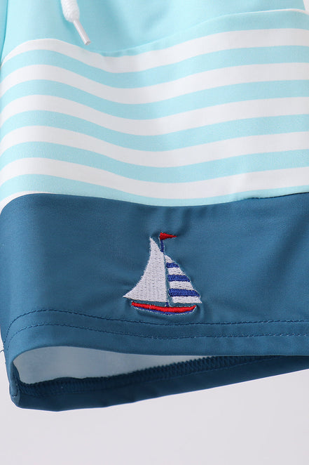 Blue stripe sailboat embroidery swim trunks