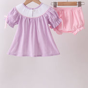 Lavender Smocked Embroidered Bow Jacquard Bloomer Set