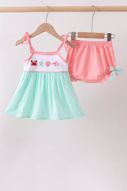 Green Marine Embroidered Jacquard Bloomer Set