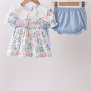 Blue Floral Smocked Ruffle Bloomer Set