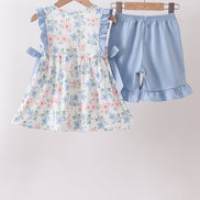 Blue Floral Smocked Ruffle Set